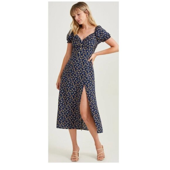 Altar’d State | Linnet Ditzy Floral Print Midi Dress in Navy | Size	Medium - Picture 1 of 11